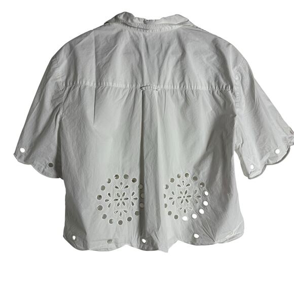 Jason Wu White Scalloped Eyelet Short Sleeve Cottage Button Up Blouse Size 8 - Picture 9 of 10